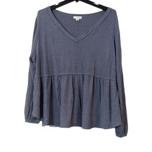 LA Threads Womens Size 2X Dusty Blue Ruffle V Neck Long Sleeve Peplum Blouse Top